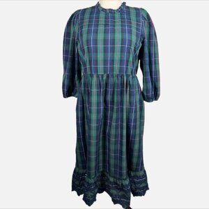Crown & Ivy Navy Red Tartan Plaid Eyelet Hem Preppy Heritage Midi Dress SZ 16